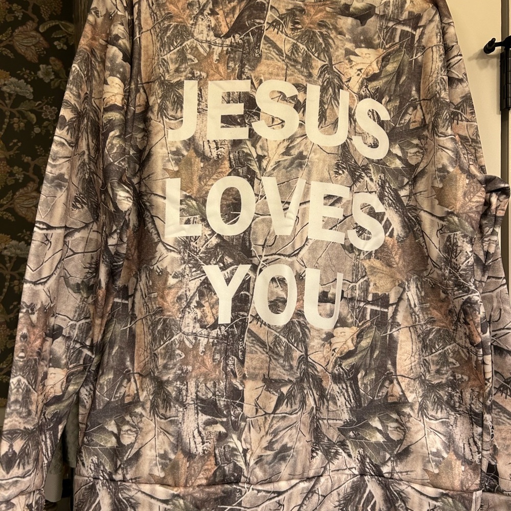Camouflage Hoodie with 'Jesus Loves You' Print